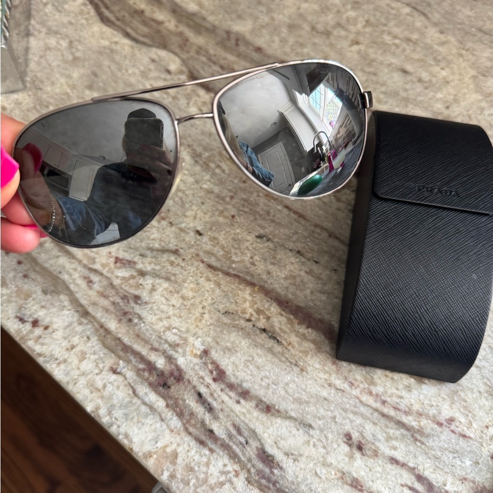 Prada Men’s Metallic Aviator Sunglasses with Black Case